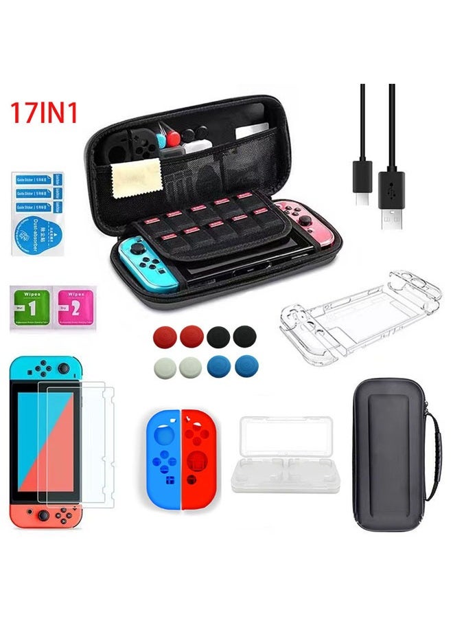 جنرال مجموعة ملحقات Nintendo Switch 17 في 1، تتضمن حقيبة نقل، غلاف سيليكون، غلاف شفاف، واقي شاشة، قطعة قماش للتنظيف، و6 أغطية لمقابض الإبهام.  - Image 1