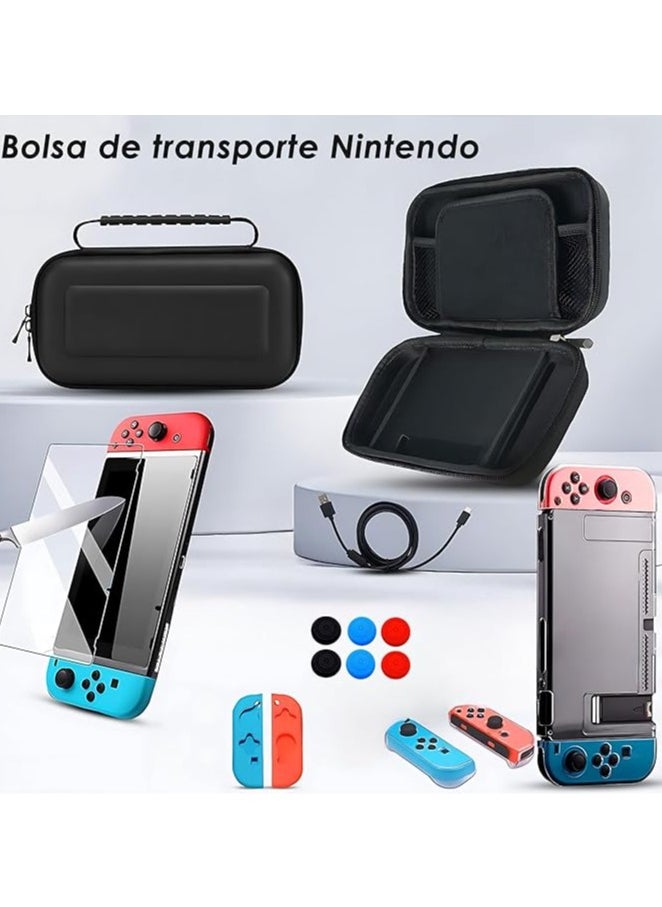 جنرال مجموعة ملحقات Nintendo Switch 17 في 1، تتضمن حقيبة نقل، غلاف سيليكون، غلاف شفاف، واقي شاشة، قطعة قماش للتنظيف، و6 أغطية لمقابض الإبهام.  - Image 3