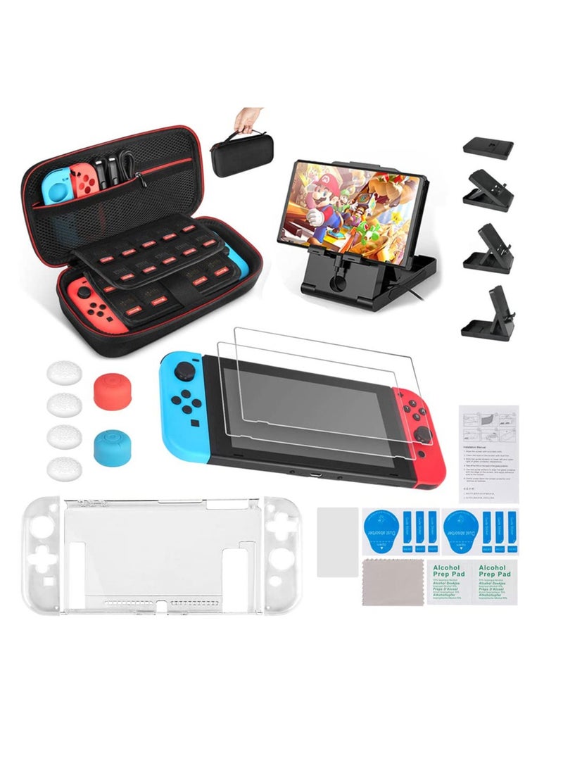 Accessories Kit for Nintendo Switch, 13 in 1 Accessories Kit Compatible with NS Switch Including Carrying Case/ Clear Cover Case/ Adjustable Stand/ Tempered Glass Screen Protector and Cleaning Tool - Image 1