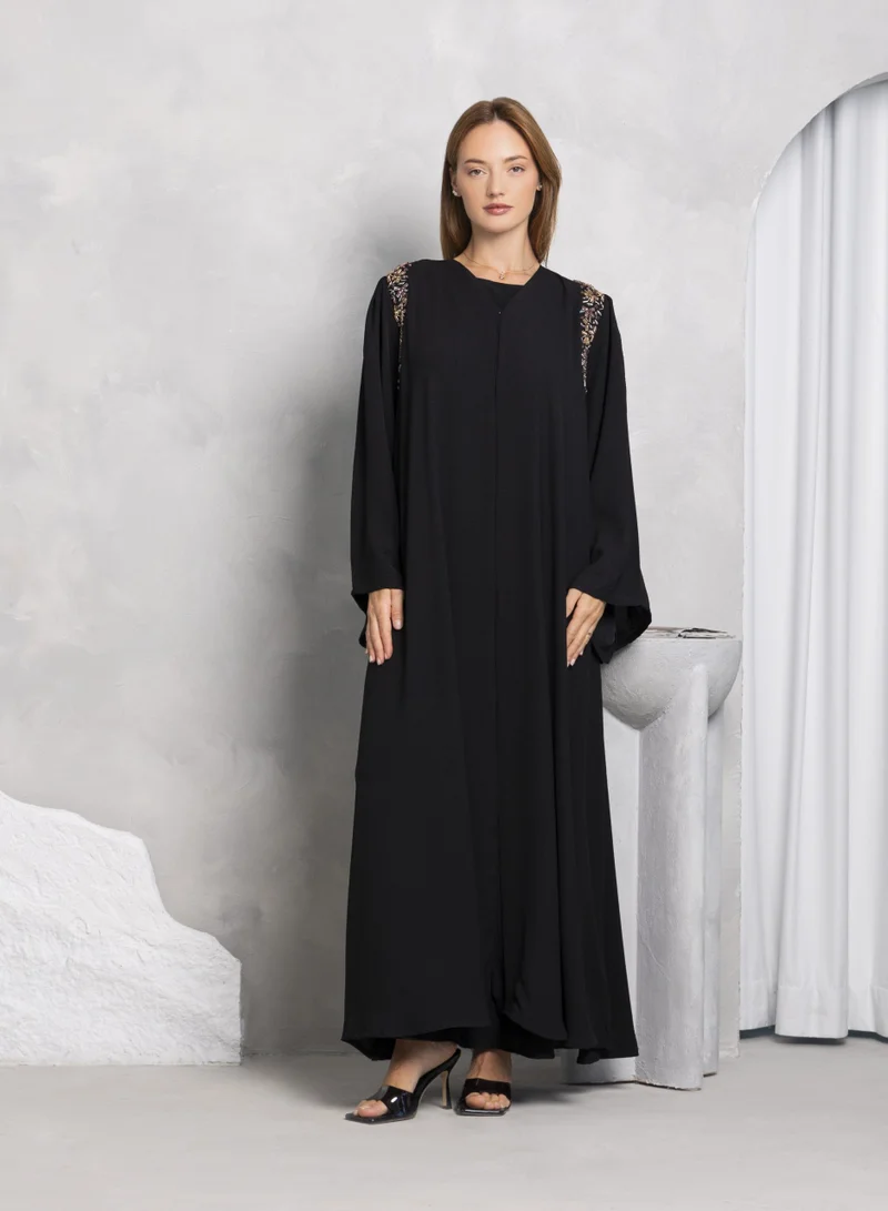 Black crepe fabric with shoulder handwork front and back