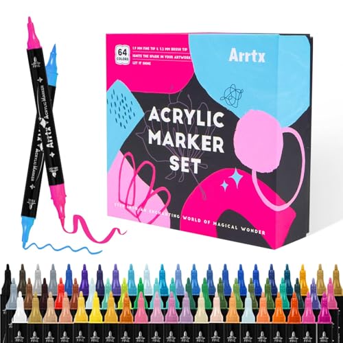 Arrtx 64 Colors Acrylic Marker for Rock Painting DualTip Pen Art Supplies Fabric Paint Fabric Markers Paint Pen Art Markers Waterproof Paint DIY Crafts Making - Image 1