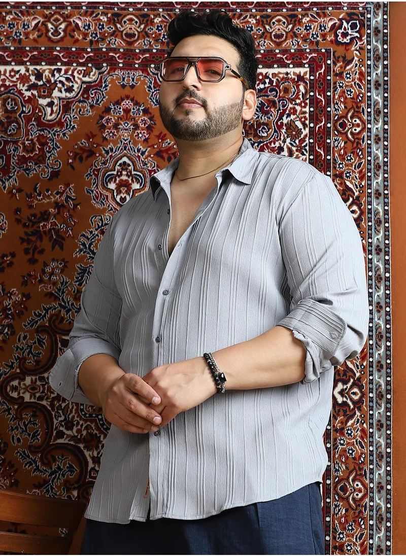 انستافاب بلس Instafab Plus Men's Cloud Grey Multitrack-Tactile Shirt For Casual Wear | Spread Collar | Long Cuffed Sleeves | Button Closure | Plus Size Shirt Crafted With Comfort Fit For Everyday Wear