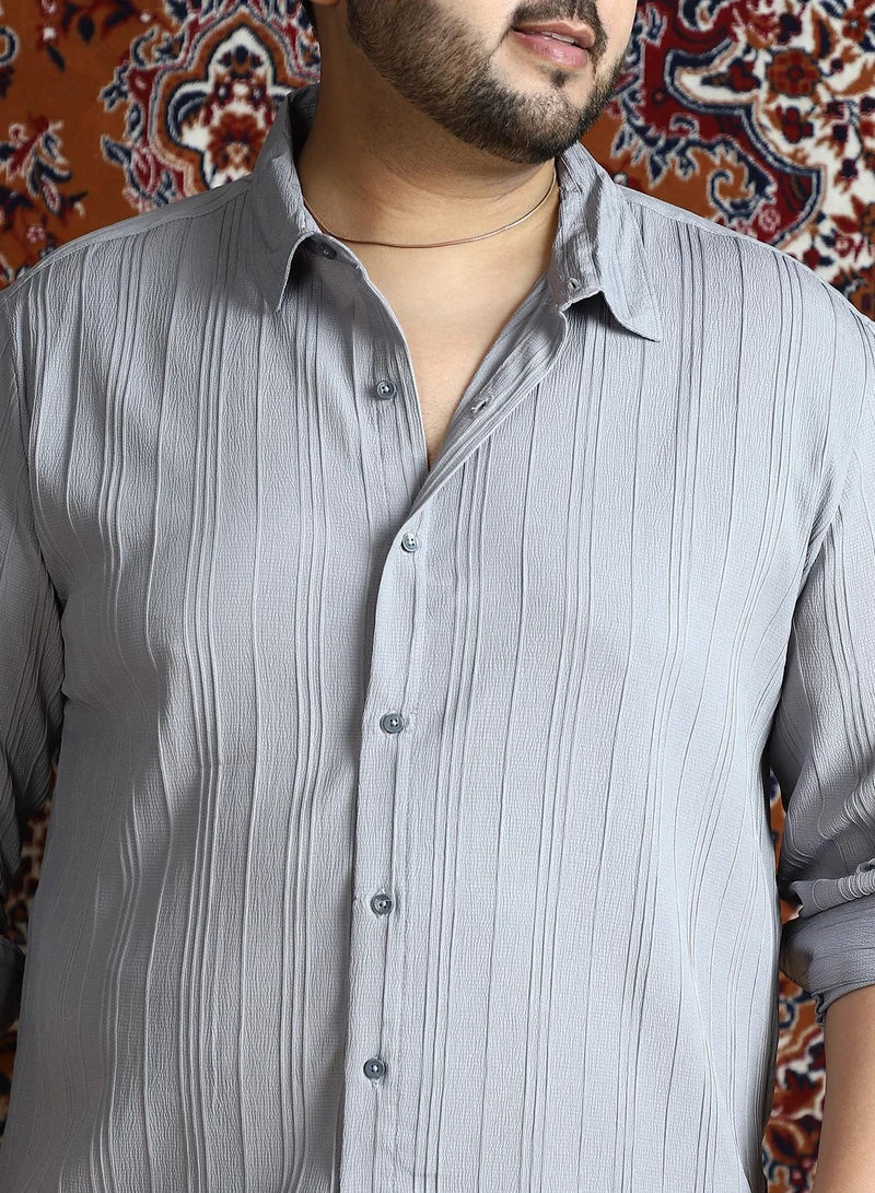 Instafab Plus Instafab Plus Men's Cloud Grey Multitrack-Tactile Shirt For Casual Wear | Spread Collar | Long Cuffed Sleeves | Button Closure | Plus Size Shirt Crafted With Comfort Fit For Everyday Wear