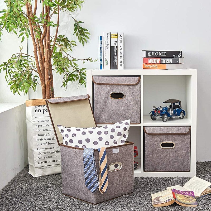 AAGNA Foldable Cube Storage Box with Lid Linen Fabric Closet Bin Organizer for Home Office Storage Cube Toy Books Shoes Storage Box with Handle Burlap Storage Cubes pack of 2 box - Image 5