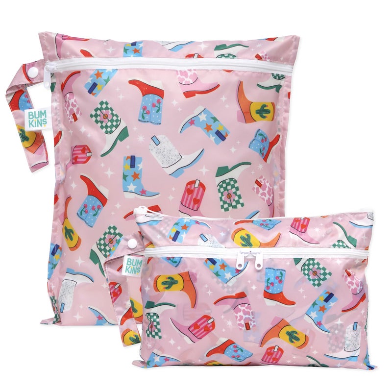 Bumkins - Waterproof Wet Bag & Wet/Dry Clutch Bags - For Beach, Baby, Travel, Swim Suit, Cloth Diapers, Pump Parts, Pool, Gym, Toiletries - Reusable & Easy to Clean - Cowgirl Boots - 2 Pack - Image 1