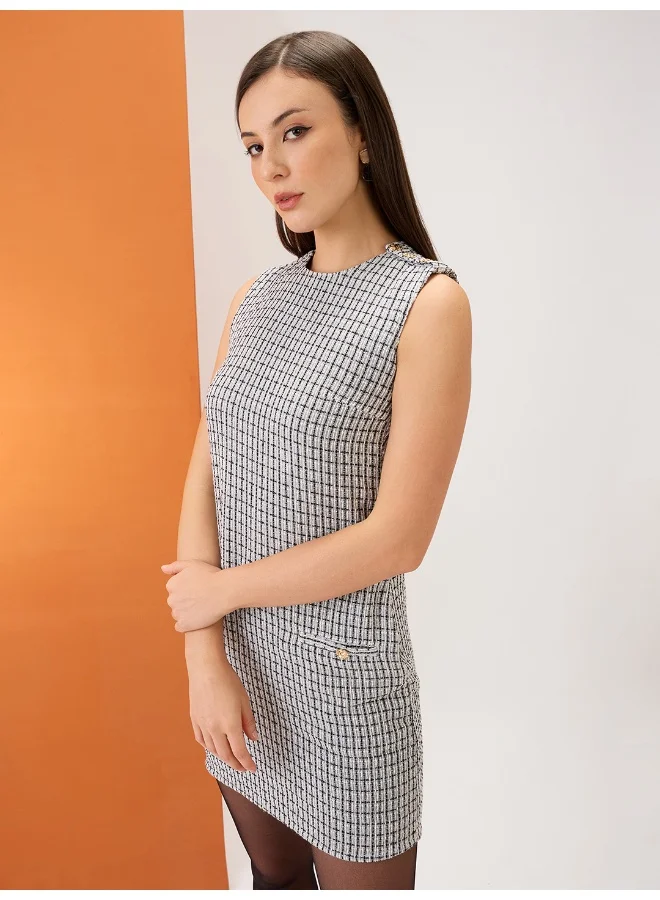 globus Globus Women Grey Tweed Checkered Round Neck Utility Pockets Mini Sheath Workwear Dress