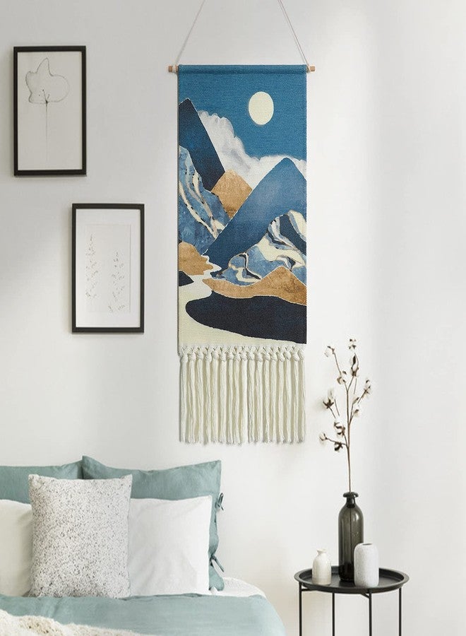 Alynsehom Macrame Woven Wall Hanging Tapestry Boho Wall Art Moon Mountain Chic Home Decor Bohemian Aztec Apartment Dorm Room Backdrop Decoration (Blue) - Image 3