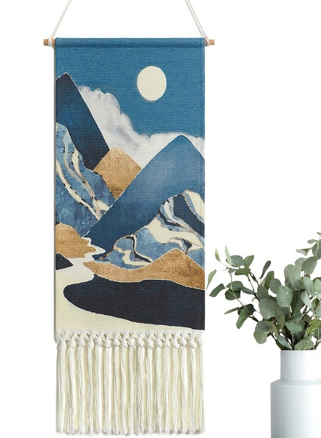 Alynsehom Macrame Woven Wall Hanging Tapestry Boho Wall Art Moon Mountain Chic Home Decor Bohemian Aztec Apartment Dorm Room Backdrop Decoration (Blue) - Image 1