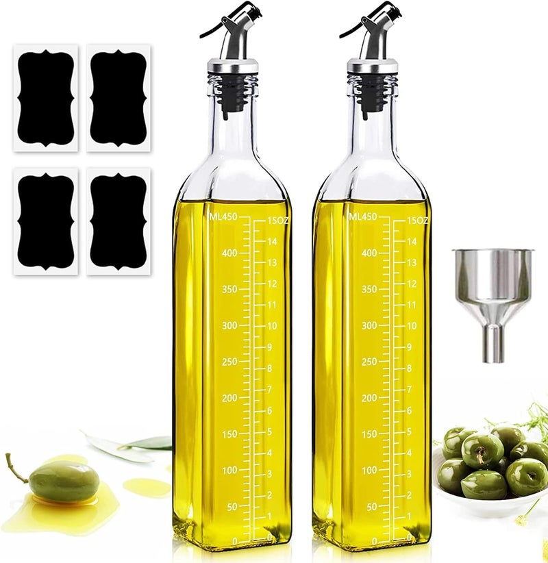 Showvigor Oil Bottle, 2 Pack of 500 ml Vinegar and Oil Dispenser Set with Funnel, Anti-fouling Cover, Label, Olive Oil Bottle Container with Clear Scale, Glass Bottle for Kitchen and BBQ - Image 1