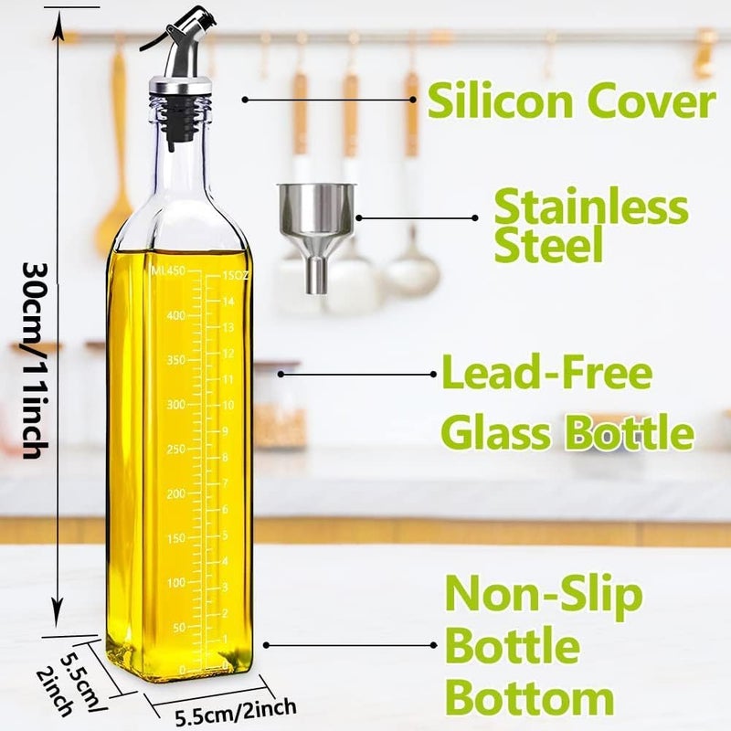 Showvigor Oil Bottle, 2 Pack of 500 ml Vinegar and Oil Dispenser Set with Funnel, Anti-fouling Cover, Label, Olive Oil Bottle Container with Clear Scale, Glass Bottle for Kitchen and BBQ - Image 3