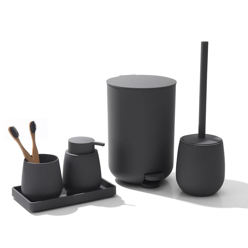 GAHEFY Grey Bathroom Accessories Set with Small Trash Can 3 Liter08 GallonToothbrush HolderSoap DispenserVanity TrayToilet Bowl Brush and Holder Grey 5PCS
