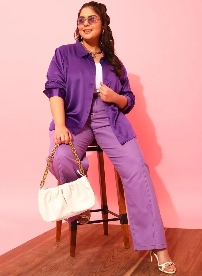 STREET 9 Plus Purple Satin Casual Shirt