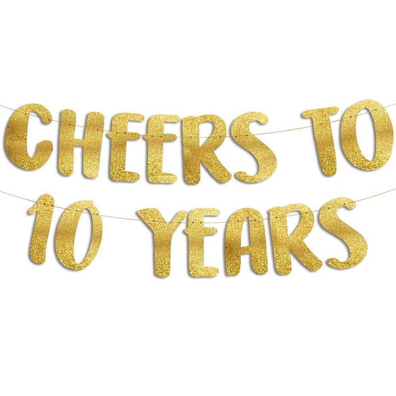 Cheers to 10 Years Gold Glitter Banner 10th Anniversary and Birthday Party Decorations