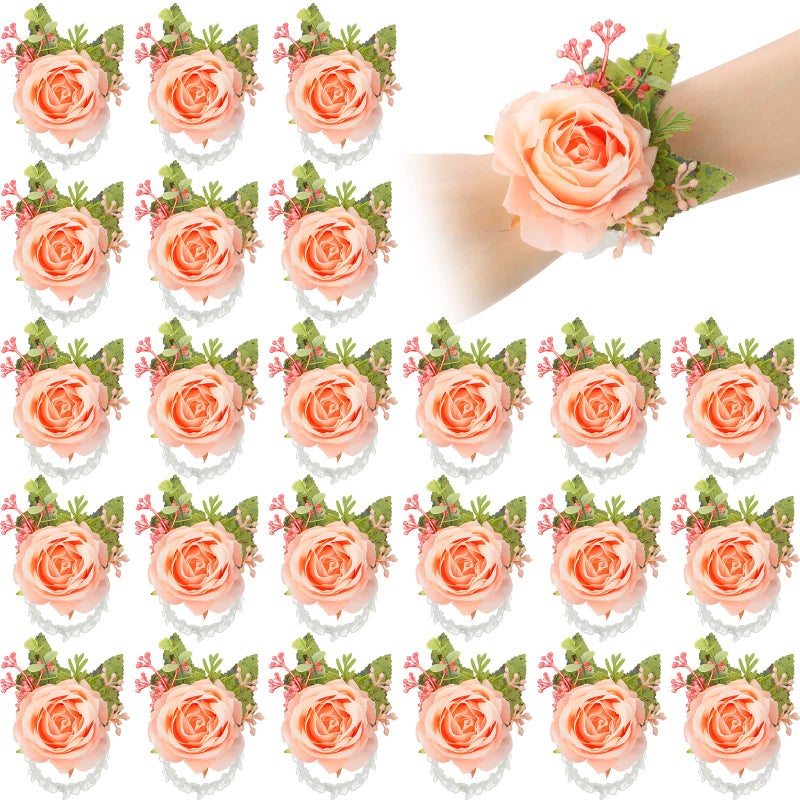 Sherr Wedding Rose Wrist Corsage Wristlet Band For Bridal Bridesmaid Women Flowers Bracelets Decor Wedding Artificial Flowers For Party Prom Homecoming(Pink 24 Pcs) - Image 1