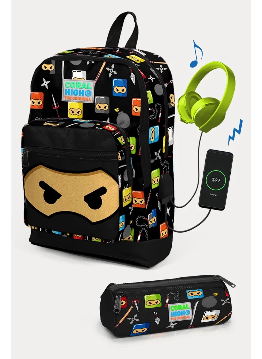 CORAL HIGH Kids Black Ninja Patterned USB 2-Piece School Bag Set SET0223285