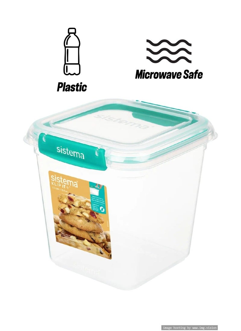 sistema - Sistema 2.2 Liter Klip It Plus square stackable food storage box, comes with easy locking clip, leak proof, BPA Free. Minty Teal - Image 1