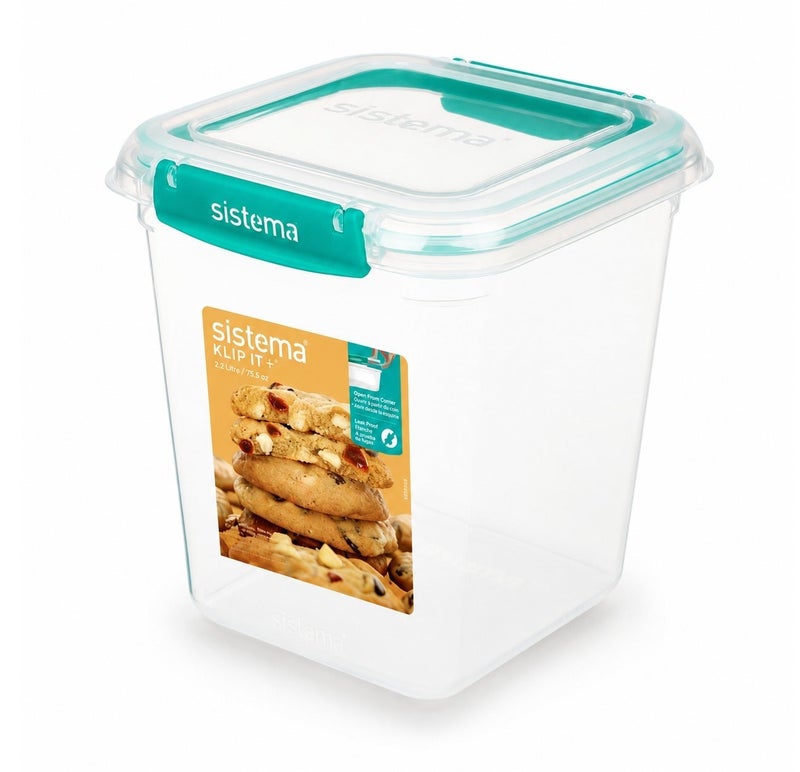 Sistema KLIP IT Plus Square Food Storage Container 2.2L Minty Teal, BPA Free Airtight Kitchen Storage Container for Pantry, Baking Ingredients, Dry Foods & Food Storage, Made in New Zealand - Image 1