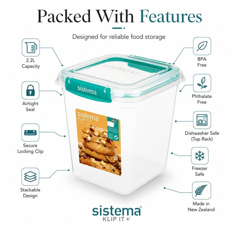 Sistema KLIP IT Plus Square Food Storage Container 2.2L Minty Teal, BPA Free Airtight Kitchen Storage Container for Pantry, Baking Ingredients, Dry Foods & Food Storage, Made in New Zealand - Image 2