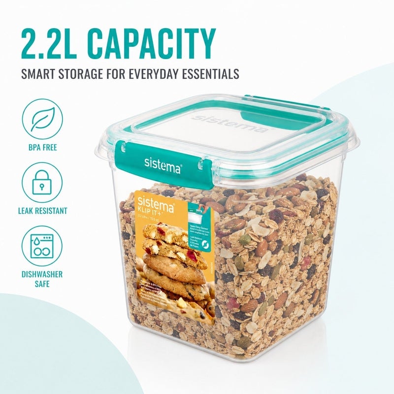 Sistema KLIP IT Plus Square Food Storage Container 2.2L Minty Teal, BPA Free Airtight Kitchen Storage Container for Pantry, Baking Ingredients, Dry Foods & Food Storage, Made in New Zealand - Image 5