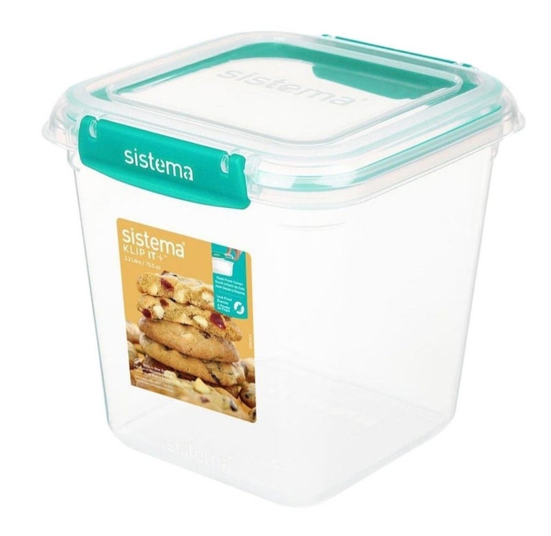 Sistema KLIP IT Plus Square Food Storage Container 2.2L Minty Teal, BPA Free Airtight Kitchen Storage Container for Pantry, Baking Ingredients, Dry Foods & Food Storage, Made in New Zealand - Image 1