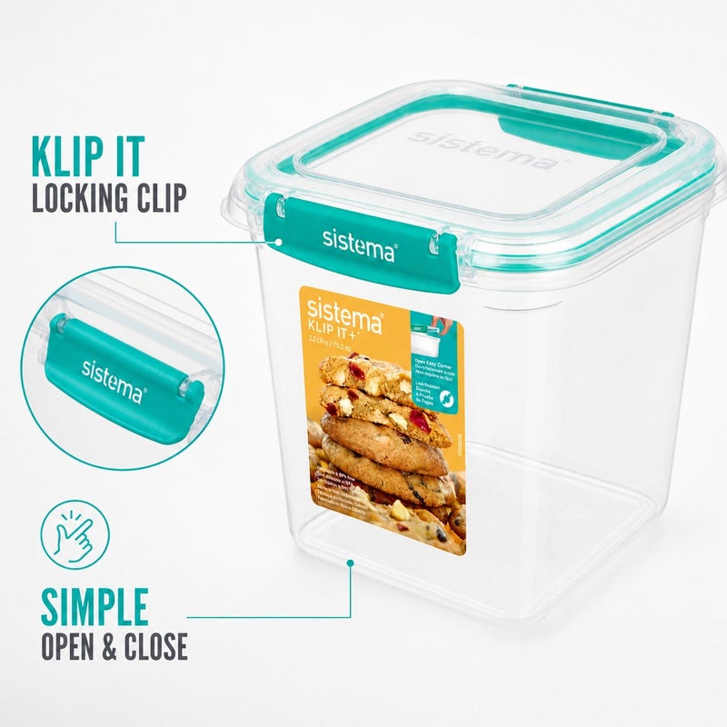 Sistema KLIP IT Plus Square Food Storage Container 2.2L Minty Teal, BPA Free Airtight Kitchen Storage Container for Pantry, Baking Ingredients, Dry Foods & Food Storage, Made in New Zealand - Image 3