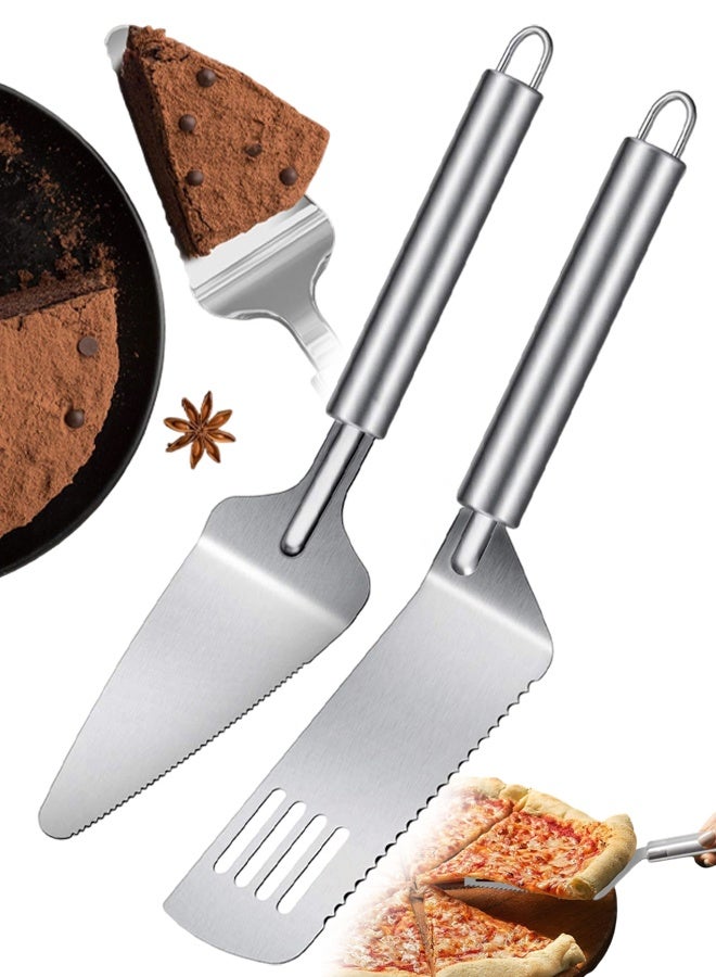 2 Pieces Pie Server Set Stainless Steel Pie Spatula Serrated Cake Cutter Slicer Cake Knife Gadgets With Comfortable Handle, For Cutting And Serving Desserts Brownies Pizza And Lasagna - Image 1
