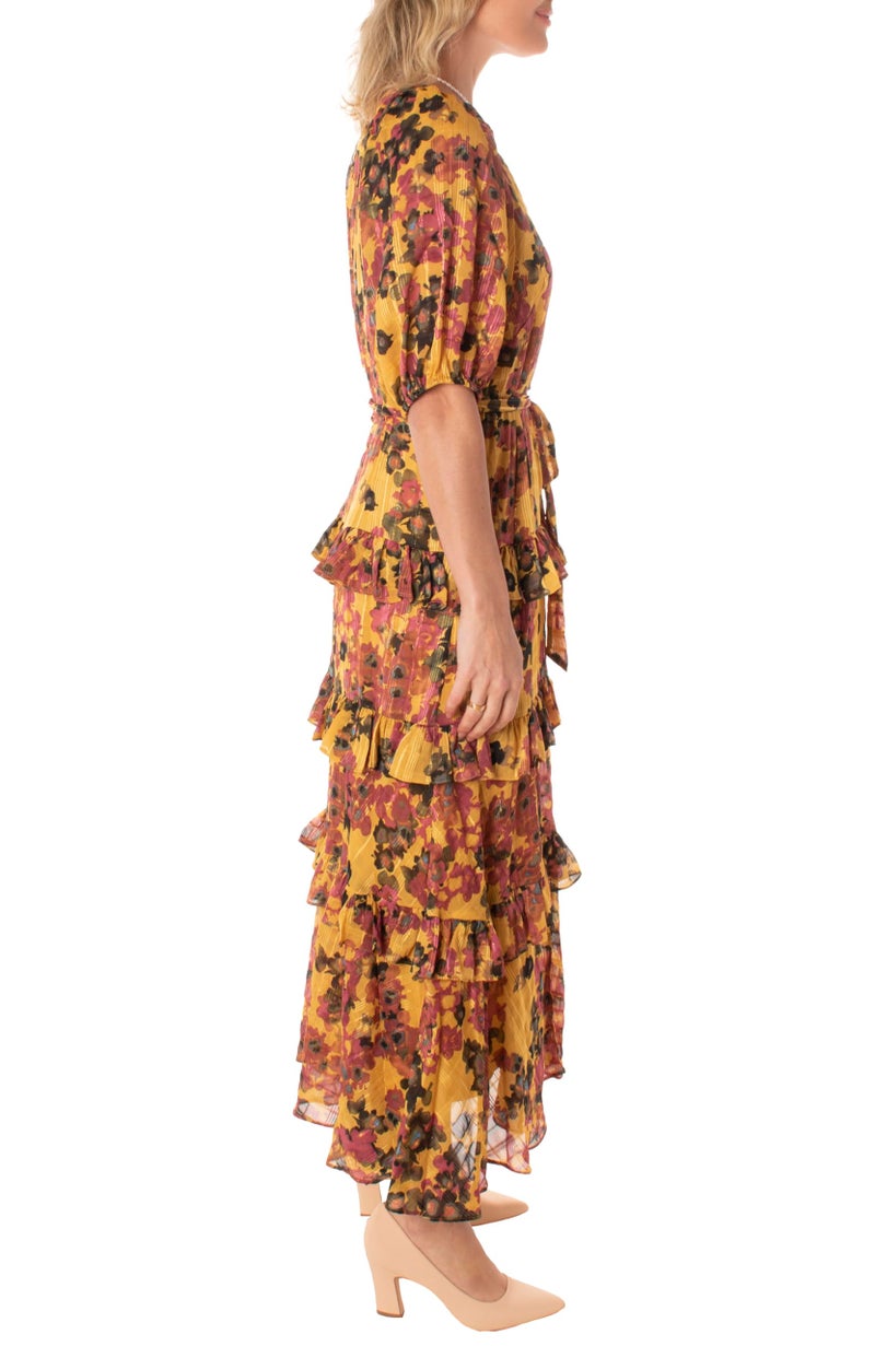 Taylor Dresses Women's Floral Print Ruffle Tiered Maxi Dress with Elbow Puff Sleeves, Marigold/Magenta,14 - Image 2