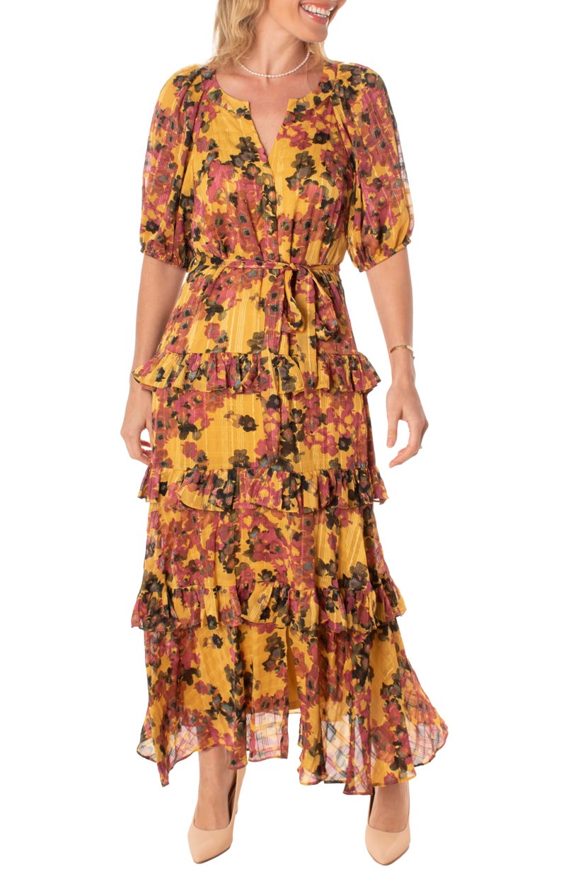 Taylor Dresses Women's Floral Print Ruffle Tiered Maxi Dress with Elbow Puff Sleeves, Marigold/Magenta,14 - Image 1