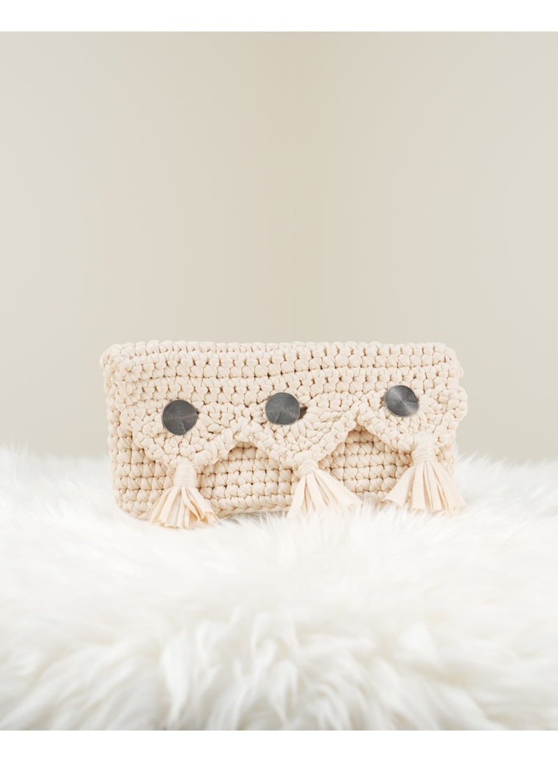Cream Crochet Handbag with Decorative Buttons