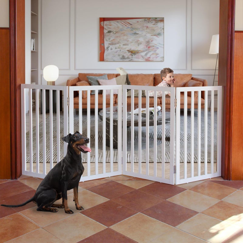 بوابة داخلية للكلاب قابلة للطي من ZJSF مصنوعة من الخشب الأبيض بوابة جرو للأبواب بوابة حيوانات أليفة للسلالم سياج حيوانات أليفة عريض جداً بارتفاع 32 بوصة و 4 ألواح