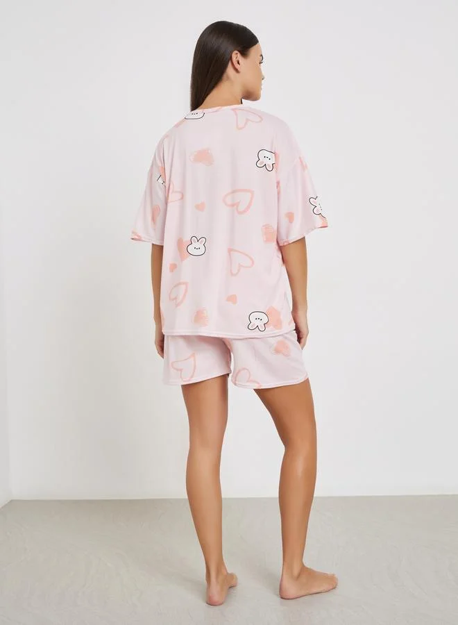 Styli  Rabbit Print Short Sleeve T-Shirt and Shorts Set for Women | Best Price UAE