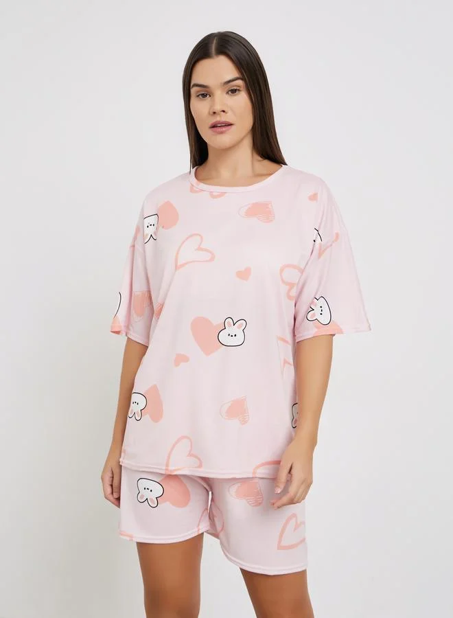 Styli Rabbit Print Short Sleeve T-Shirt and Shorts Set