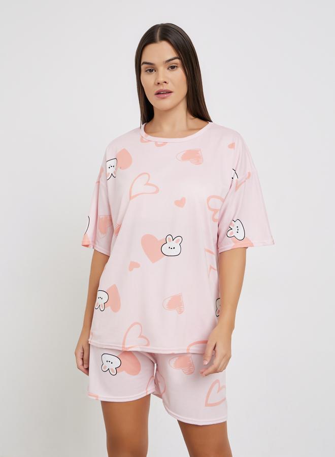 Styli Rabbit Print Short Sleeve T-Shirt and Shorts Set - Image 2