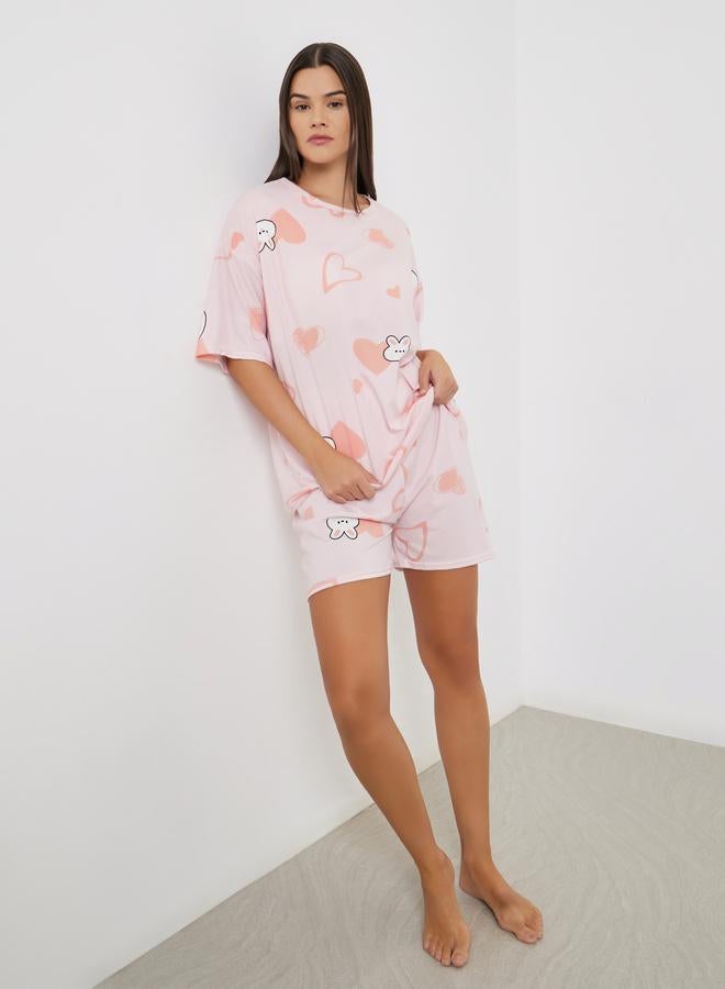 Styli Rabbit Print Short Sleeve T-Shirt and Shorts Set - Image 1