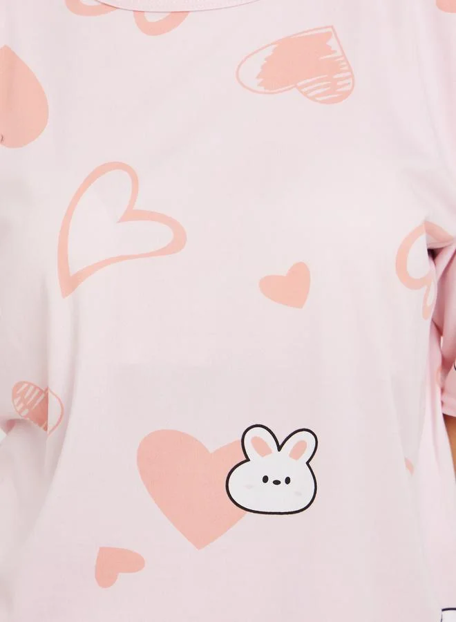 Styli  Rabbit Print Short Sleeve T-Shirt and Shorts Set for Women | Best Price UAE