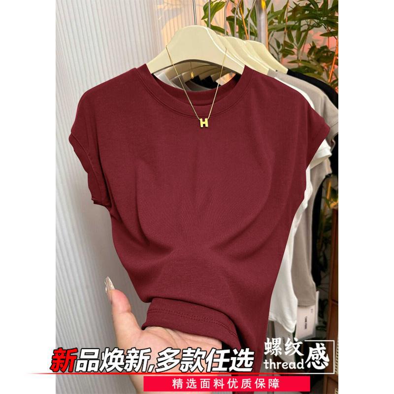 Ice Silk Right Shoulder Short-Sleeved T-Shirt for Women 2025 Summer New Pure Color Small Flying Sleeves Summer High Elastic Round Neck Korean Style Top Wine red [cm718 single pack]