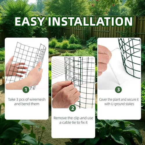 warmfarm 4 Sets of DIY Metal Plant Protectors from Deer, Garden Fencing Animal Barrier Size 11.8 * 12.9 inches, Mesh Plant Cage Chicken Wire Cloche for Plants with Stakes and Nylon Cables - Image 3