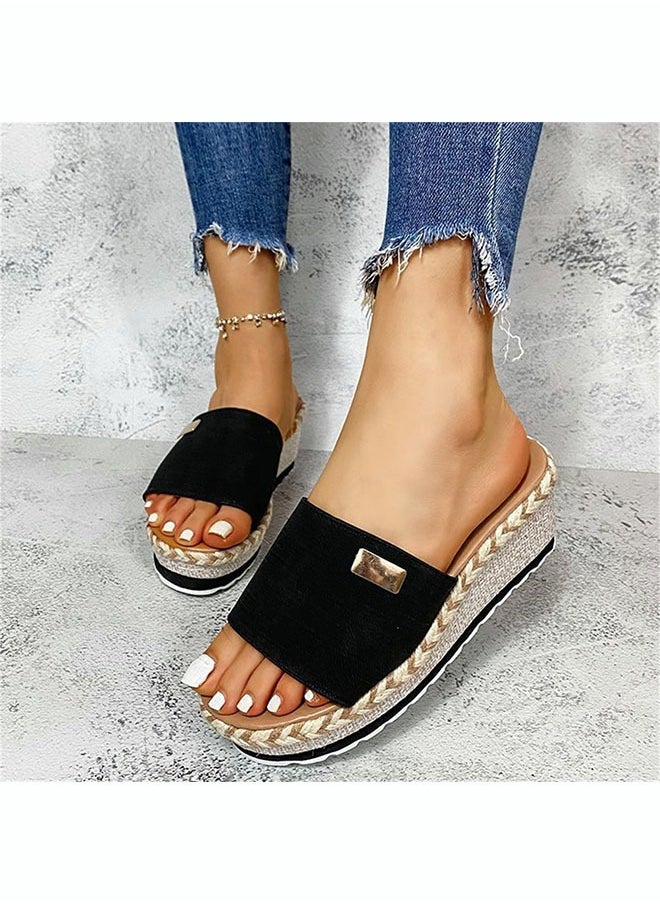 roaiss - Women's Summer Slope Heel Slipper  Rope Cork Thick Soled Muffin Shoes Straight Line Slippers Open Toe Holiday Sandals - Image 1