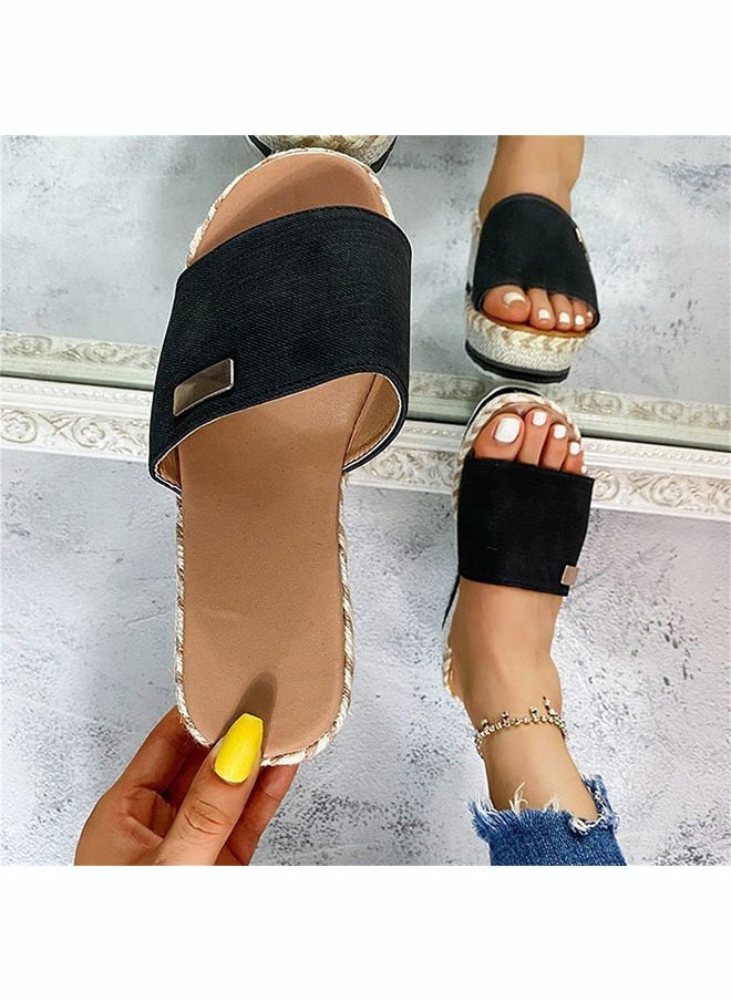 roaiss - Women's Summer Slope Heel Slipper  Rope Cork Thick Soled Muffin Shoes Straight Line Slippers Open Toe Holiday Sandals - Image 1