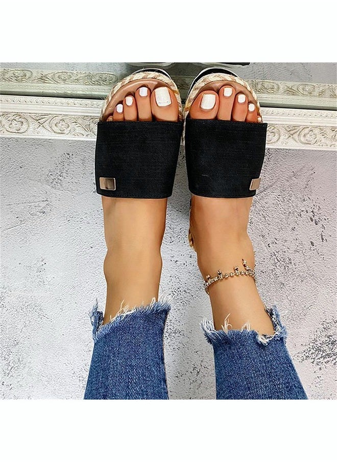roaiss - Women's Summer Slope Heel Slipper  Rope Cork Thick Soled Muffin Shoes Straight Line Slippers Open Toe Holiday Sandals - Image 1