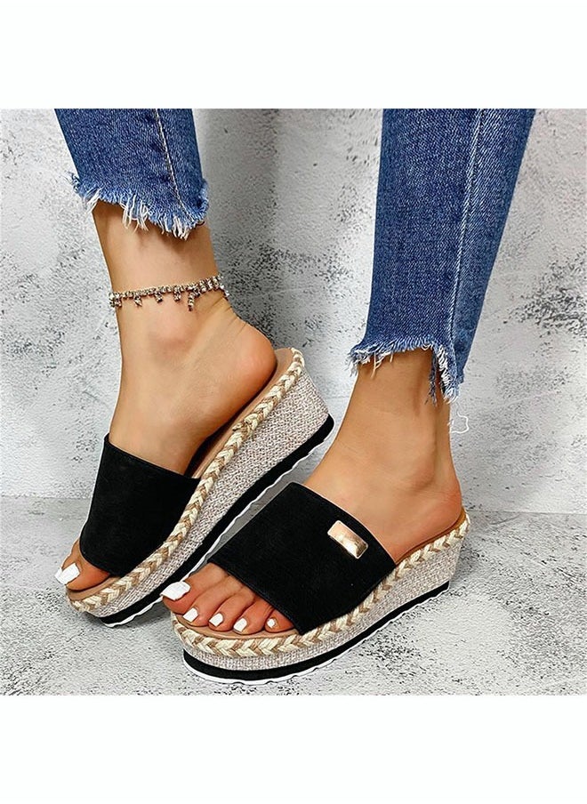 roaiss - Women's Summer Slope Heel Slipper  Rope Cork Thick Soled Muffin Shoes Straight Line Slippers Open Toe Holiday Sandals - Image 1