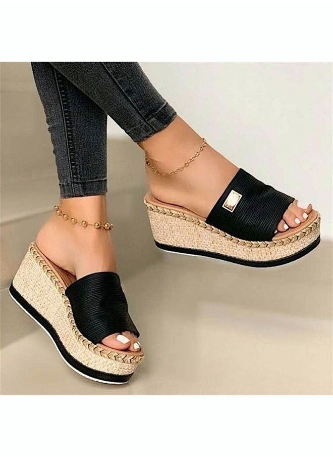 roaiss - Women's Summer Slope Heel Slipper  Rope Cork Thick Soled Muffin Shoes Straight Line Slippers Open Toe Holiday Sandals - Image 1