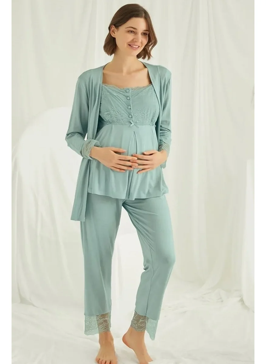 Monamise 18468 Maternity Pajama Set with Dressing Gown - Green