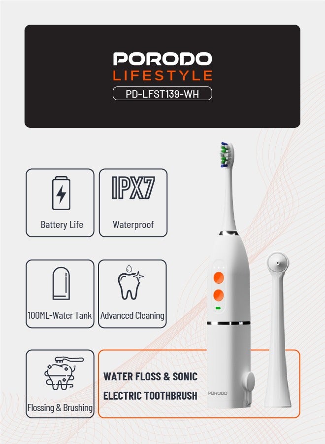 porodo Lifestyle Water Floss & Sonic Electric Toothbrush 100mL with ×2 Replacement Brushes & 25 Days Battery Life / Food-Grade Material / Advanced Cleaning / Upgraded Dupont Bristles - White - Image 3