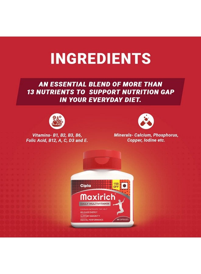 Cipla Maxirich Daily Multivitamin (60 Capsules) For Men & Women With Essential Nutrients, Vitamins, Minerals, Anti-oxidants For Building Immunity & Energy (Bottle Pack) - Image 3