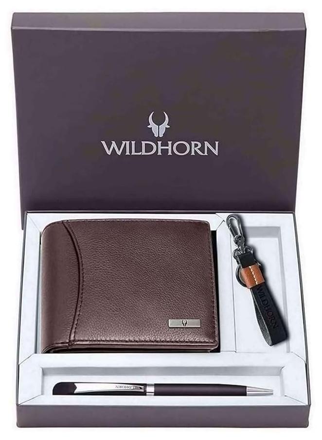 Wildhorn Gift Hamper for Men I RFID Protected Leather Wallet, Keychain & Pen Combo Gift Set I Gift for Friend, Boyfriend,Husband,Father, Son etc (Brown M) - Image 1