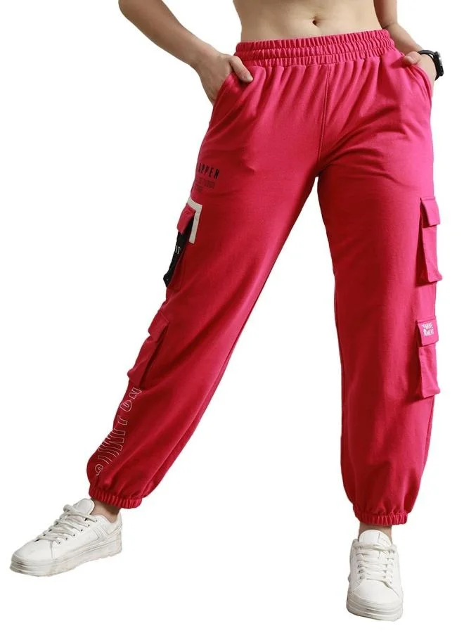 Hubberholme Women's Pink Cotton Blend Printed Full Length Cargo Regular Fit Trouser