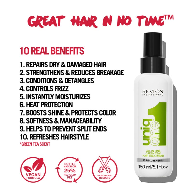 REVLON PROFESSIONAL UniqOne Hair Treatment, Moisturizing Leave-In Product, Repair For Dry and Damaged Hair, Promotes Healthy Hair, Green Tea Fragrance, 5.1 Fl Oz (Pack of 1) - Image 3