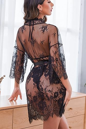 Avidlove lingerie robe Women's Lace Kimono Robe Set Babydoll Teddy Deep V Lace Bodysuit - Image 4