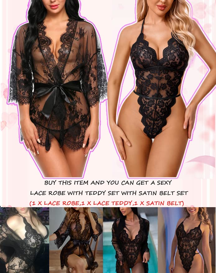 Avidlove lingerie robe Women's Lace Kimono Robe Set Babydoll Teddy Deep V Lace Bodysuit - Image 2